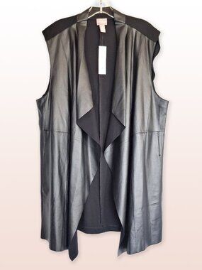 Chico’s Black Sleeveless Faux Leather Open Front Waterfall Vest Size 16 NWT